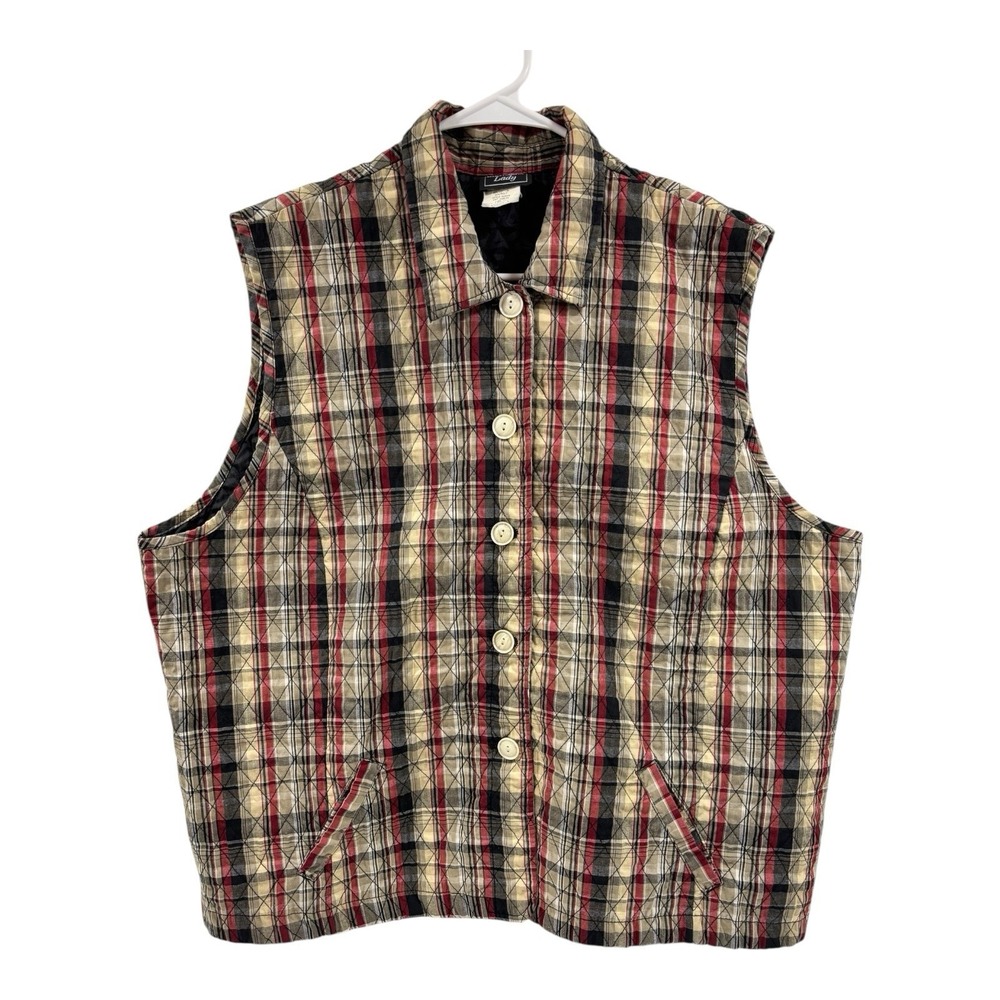 Southern Lady Quilted Vest Womens 2X Brown Red Plaid Button Up Pockets